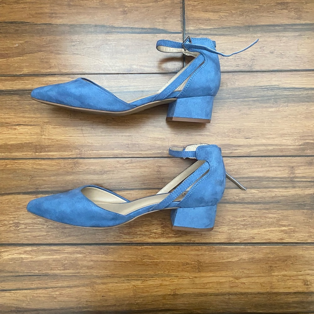 Women’s Blue Suede Ankle-Strap Block Heel Flats